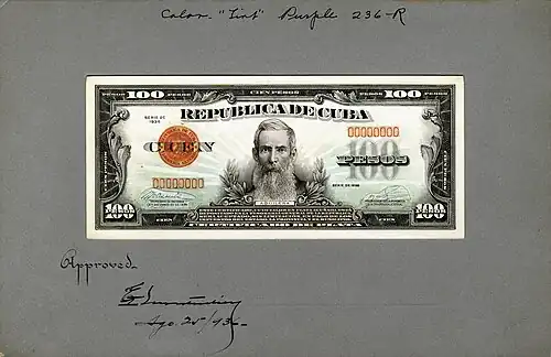 Aguilera depicted on the original artist/progress proof designed by the Bureau of Engraving and Printing for Cuban silver certificates (1936).