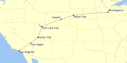 A map of the Western United States showing a route from Los Angeles to Minneapolis