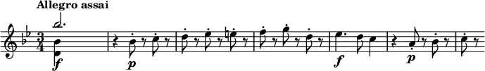 \relative c''' {   \tempo "Allegro assai"   \key bes \major   \time 3/4   <<     { bes2.\f | } \\     { <bes, d,>4 s2 | }   >>   r4 bes8-.\p r c-. r |   d8-. r es-. r e-. r |   f8-. r g-. r d-. r |   es4.\f d8 c4 |   r4 a8-.\p r bes-. r |   c8-. r }
