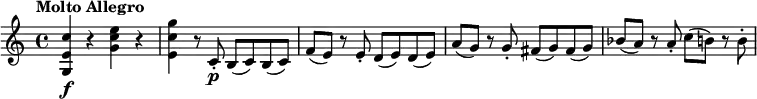 \relative c'' { \set Staff.midiInstrument = #"string ensemble 1" \key c \major \tempo "Molto Allegro" \set Score.tempoHideNote = ##t \tempo 4=144 <c e, g,>\f r <e c g> r <g c, e,> r8 c,,-.\p b (c) b (c) f (e) r e-. d (e) d (e) a (g) r g-. fis (g) fis (g) bes (a) r a-. c (b) r b-. }