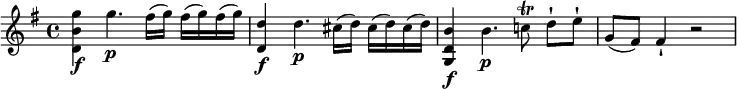  \relative c''' { \set Staff.midiInstrument = #"violin"    \key g \major   <g b, d,>4\f g4.\p fis16(g) fis(g) fis(g) | <d d,>4\f d4.\p cis16(d) cis(d) cis(d) | <b d, g,>4\f b4.\p c!8\trill d-![ e-!] | g,(fis) fis4-! r2 } 