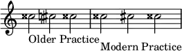 { \omit Score.TimeSignature \relative c'' { \time 3/2 cisis2_"Older Practice" cis cisis\accidentalStyle modern cisis_"Modern Practice" cis cisis } }