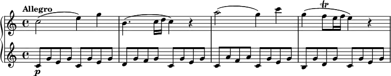 \new PianoStaff { << \new Staff \relative c'' { \key c \major \tempo "Allegro" \tempo 4 = 132 \time 4/4 c2( e4) g b,4.( c16 d c4) r4 a'2( g4) c g( f8\trill e16 f e4) r4 } \new Staff \relative c' { c8\p g' e g c, g' e g d g f g c, g' e g c, a' f a c, g' e g b, g' d g c, g' e g } >> }