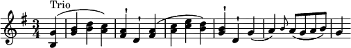 \relative c'' { \key g \major \set Staff.midiInstrument = "string ensemble 1" \time 3/4 \set Score.tempoHideNote = ##t \tempo 4 = 144 \partial 4 <g b,>4^"Trio" ( | <b g> <d b> <c a>) | <a fis>^! d,^! <a' fis> ( | <c a> <e c> <d b>) | <b g>^! d,^! g ( | a) \grace b8 a8 (g a b) | g4 }