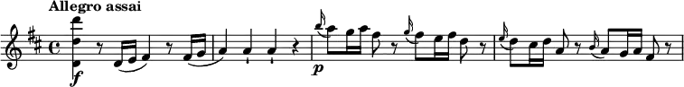 \relative c'' { \key d \major \tempo "Allegro assai" <d' d, d,>\f r8 d,,16( e fis4) r8 fis16( g a4) a-! a-! r \grace b'16\p(a8 ) g16 a fis8 r \grace g16(fis8 ) e16 fis d8 r \grace e16(d8 ) cis16 d a8 r \grace b16(a8 ) g16 a fis8 r }