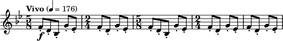 \relative c' \new Staff {   \key bes \major \clef "treble"   \set Staff.midiInstrument = "clarinet"   \tempo "Vivo" 4 = 176    \time 5/8 f8-.\f d-. bes-. g'-. es-. | \time 2/4 f-. d-. g-. es-. |   \time 5/8 f8-. d-. bes-. g'-. es-. | \time 2/4 f-. d-. g-. es-. | f-. d-. g-. es-. | }