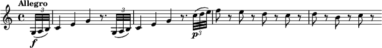 \relative c' { \override Score.NonMusicalPaperColumn #'line-break-permission = ##f \tempo "Allegro" \partial 16 \times 2/3 { g32(\f a b) } | c4 e g r8. \times 2/3 { g,32( a b) } | c4 e g r8. \times 2/3 { c32\p( d e) } | f8 r e r d r c r | d8 r b r c r }