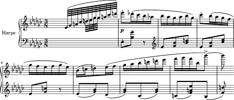  \header {   tagline = ##f } upper = \relative c' {   \clef treble   \key ges \major   \time 3/8   \tempo 8 = 152   %\autoBeamOff    \set Staff.midiInstrument = #"orchestral harp"   \partial 8 s16   \times 4/11 { \autoBeamOn << { ees64( ges a! ces d! ees ges ges a ces d!) } \\ { s64*4 d,!64[ ees ges ges] } >> }   ees'8-.\p des!16( ces bes aes! bes aes ges aes bes ges)   ces8-. bes16( aes ges f ges f ees f ges ees)   bes16( c! d!8) ees16( f ges aes bes c! d! ees f ges f bes, bes'8~->) bes8 } lower = \relative c {   \clef bass   \key ges \major   \time 3/8   \set Staff.midiInstrument = #"orchestral harp"   s8 ees8-. < ges' bes, >8-. r8   \clef treble ees8 < bes' f >8 < d! bes >   ees,8 < bes' f >8 < ees ces > ees, < c'! ges > r8   ees,8( < bes' ges >8) des,( < bes' ges >) ces,( < bes' ges >)   c,!( < ees' a,! f >8) bes,( < d'! f, >) } \score {   \new PianoStaff <<     \set PianoStaff.instrumentName = #"Harpe"     \new Staff = "upper" \upper     \new Staff = "lower" \lower   >>   \layout {     \context {       \Score       \remove "Metronome_mark_engraver"     }   }   \midi { } } 