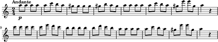  \new Staff {   \time 2/4   \clef treble   \set Staff.midiInstrument = #"flute"   \tempo Andante 4 = 85   \set Score.tempoHideNote = ##t   |   a''8\p   a''8   a''8   a''8   |   a''8   c'''8   b''8   a''8   |   gis''8   gis''8   gis''8   gis''8   |   gis''8   b''8   a''8   gis''8   |   a''8   a''8   a''8   a''8   |   a''8   c'''8   b''8   a''8   |   gis''8   e'''8   e'''8   gis''8   |   a''4   b'4\rest   |   c'''8   c'''8   c'''8   c'''8   |   c'''8   e'''8   d'''8   c'''8   |   b''8   b''8   b''8   b''8   |   b''8   d'''8   c'''8   b''8   |   a''8   a''8   a''8   a''8   |   a''8   c'''8   b''8   a''8   |   gis''8   e'''8   e'''8   gis''8   |   a''4   b'4\rest } 