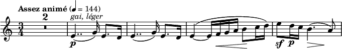 \relative c' { \tempo "Assez animé" 4=144 \key c \major \time 3/4 \compressEmptyMeasures R2.*2 e4..\p ^\markup { \italic { gai, léger } } ( g16) e8. d16 e4..( g16) e8. d16 e4~ ^( e16 f\< g a b8\! c16 d) e8\sf d16\p c b4.*2/3\> ( s8\! a8) }