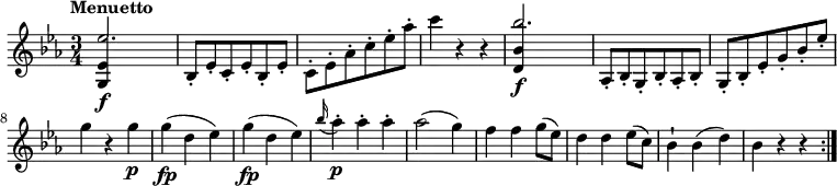   \relative c' {          \clef "treble"           \tempo "Menuetto"          \key ees \major          \time 3/4           \tempo 4 = 120      <<{<g ees'>4\f s2 } \\ { \stemUp ees''2.}>>      bes,8-. ees-. c-. ees-. bes-. ees-.     \stemDown  c-. ees-. aes-. c-. ees-. aes-.      c4 r4 r4      <<{<d,, bes'>4\f s2 } \\ { \stemUp bes''2.}>>       \stemUp aes,,8-. bes-. g-. bes-. aes-. bes-.     g-. bes-. ees-. g-. bes-. ees-.     \stemDown g4 r4 g\p      g\fp (d es)      g\fp (d es)     \grace bes'16 (aes4)-.\p aes-. aes-.      aes2 (g4)      f f g8 (ees)      d4 d ees8 (c)      bes4-! bes (d)      bes r4 r4   \bar ":|."  } 