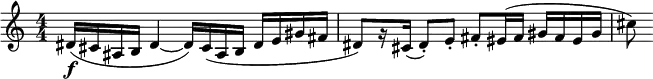  \relative c' {     \set Score.tempoHideNote = ##t     \numericTimeSignature     \tempo 4 = 126     \set Staff.midiInstrument = #"alto sax"     dis16\f (cis ais b dis4 ~ dis16) cis (ais b dis e gis fis dis8) [r16 cis](dis8-.) e-. fis-. eis16(fis gis fis eis gis cis8)  } 