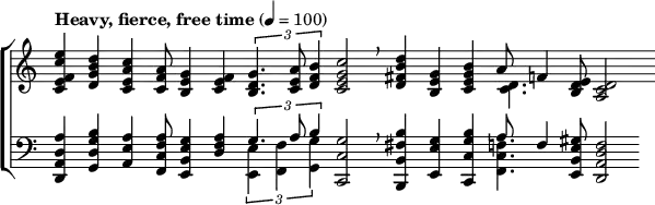 { \new ChoirStaff << \new Staff \with { \remove "Time_signature_engraver" } << \new Voice { \set Voice.midiInstrument = #"trumpet" \tempo "Heavy, fierce, free time" 4 = 100 \stemUp \clef treble \time 33/8 <c' e' f' c'' e''>4 <d' g' b' d''> <c' e' a' c''> <c' f' a'>8 <b e' g'>4 <c' e' f'> \times 2/3 { <b d' g'>4. <c' e' a'>8 <d' f' b'>4} <c' e' g' c''>2 \breathe <d' fis' b' d''>4 <b e' g'> <c' e' g' b'> a'8 f'4 <b d' e'>8 <a c' d'>2 } \new Voice { \stemDown s1 s s s8. <c' d'>4. s2 s8 } \new Staff \with { \remove "Time_signature_engraver" } << \new Voice { \set Voice.midiInstrument = #"trombone" \stemUp \clef bass \time 33/8 <d, a, d a>4 <g, d g b> <a, e a> <f, c f a>8 <e, b, e g>4 <d f a> \times 2/3 { g4. a8 b4} <c, c g>2 \breathe <b,, b, fis b>4 <e, e g> <c, c g b> a8 f4 <e, b, e gis>8 <d, a, d f>2 } \new Voice { \stemDown \clef bass \time 17/4 s1 s4. \times 2/3 { <e, e>4 <f, f> <g, g>} s1 s4 <f, c f>4. s2 s8 } >> >> >> }