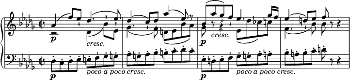 \relative c'' { \new PianoStaff << \new Staff << \new Voice { \stemUp \set Staff.midiInstrument = #"piano" \key des \major \clef treble \time 2/2 \set Score.tempoHideNote = ##t \tempo 4 = 88 as4 ^( f'8 ) es8 -! des4. _\markup { \italic {cresc.} } ^( es8 ) | des4 ^( c8 ) -! des8 -! as'4 ^( es8 ) r8 | bes8 ^( as'8 _\markup { \italic {cresc.} } ges8 ) -! f8 -! es4. ges16 f16 | es4 ^( d8 ) -! es8 f8 -! r8 r4 | } \new Voice { \stemDown r2 \p des,4 _( bes'8 ) -! es,8 -! | ges4. _( f8 ) d8 _( es8 bes'8 as8 ) | ges8 \p r8 r4 es8 _( des'8 ces8 ) c8 | f,4. _( bes8 ) bes8 s4 s8 | } >> \new Staff { \set Staff.midiInstrument = #"piano" \key des \major \clef bass \time 2/2 des,,8 \p -. c8 -. des8 -. es8 -. e8 _\markup { \italic { poco a poco cresc. } } -. f8 -. ges8 -. g8 -. | as8 -. g8 -. as8 -. bes8 -. b8 -. c8 -. des8 -. c8 -. | es,8 \p -. d8 -. es8 -. f8 -. ges8 _\markup { \italic { poco a poco cresc. } } -. g8 -. as8 -. a8 -. | bes8 -. a8 -. bes8 -. c8 -. d8 -. r8 r4 | } >> }