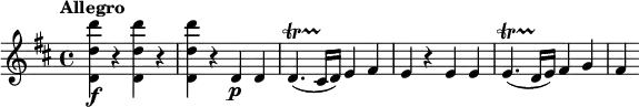 \relative c' {   \tempo "Allegro"   \key d \major   <d d' d'>4\f r q r |   q4 r d\p d |   d4.\startTrillSpan( cis16\stopTrillSpan d) e4 fis |   e4 r e e |   e4.\startTrillSpan( d16\stopTrillSpan e) fis4 g |   fis4 }