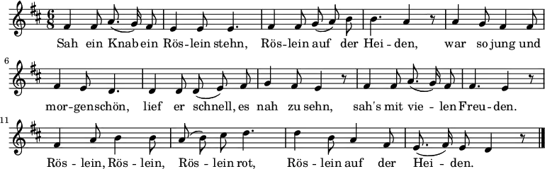 \new Staff << \new Voice \relative c' { \set Staff.midiInstrument = #"clarinet" \autoBeamOff \language "deutsch" \tempo 4 = 100 \set Score.tempoHideNote = ##t \time 6/8 \key d \major fis4 fis8 a8. ( g16 ) fis8 e4 e8 e4. fis4 fis8 g ( a ) h h4. a4 r8 a4 g8 fis4 fis8 fis4 e8 d4. d4 d8 d ( e ) fis g4 fis8 e4 r8 fis4 fis8 a8. ( g16 ) fis8 fis4. e4 r8 fis4 a8 h4 h8 a ( h ) cis d4. d4 h8 a4 fis8 e8. ( fis16 ) e8 d4 r8 \bar "|." } \addlyrics { Sah ein Knab ein Rös -- lein stehn, Rös -- lein auf der Hei -- den, war so jung und mor -- gen -- schön, lief er schnell, es nah zu sehn, sah's mit vie -- len Freu -- den. Rös -- lein, Rös -- lein, Rös -- lein rot, Rös -- lein auf der Hei -- den. } >>