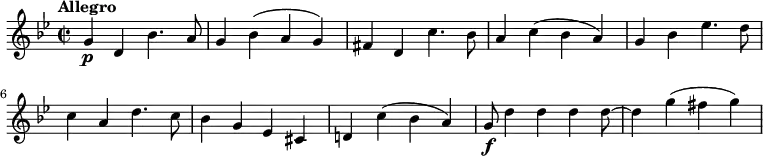  \relative c'' {      \key bes \major      \set Score.tempoHideNote = ##t \tempo "Allegro" 4 = 140      \time 2/2     g4 \p d bes'4. a8     g4 bes (a g)     fis d c'4. bes8     a4 c (bes a)     g bes ees4. d8     c4 a d4. c8     bes4 g ees cis     d! c' (bes a)     g8\f d'4 d d d8~ d4 g (fis g)   } 