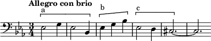  \new Staff   \relative c{   \clef bass   \key ees \major   \time 3/4   \tempo "Allegro con brio" \tempo 2 = 80   \[^"a" ees2 g4 ees2 bes4 \] \[^"b" ees4 g bes \] \[^"c" ees,2 d4 cis2.~\] cis \bar "" } 