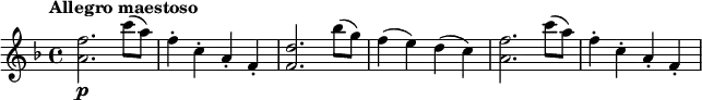 \relative c'' { \tempo "Allegro maestoso" \key f \major <f a,>2.\p c'8( a) | f4-. c-. a-. f-. | <f d'>2. bes'8( g) | f4( e) d( c) | <f a,>2. c'8( a) | f4-. c-. a-. f-. | }