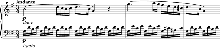 \relative c'' \new PianoStaff { \set Score.tempoHideNote = ##t << \new Staff { \key g \major \tempo "Andante" \tempo 4 = 60 \time 3/4 b2\p_\markup { \italic dolce } ( d16 c b c d8. b16 g4 ) r4 g'4. ( a16 g fis e d cis d8. b16 g4 ) } \new Staff \relative c' { \clef "bass" \key g \major g16\p_\markup { \italic legato } d' b d g, d' b d a d b d g, d' b d g, d' b d g, d' b d g, e' c e g, e' c e g, cis ais cis g d' b d g, d' b d } >> }
