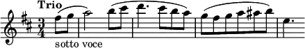 \layout { \set Score.tempoHideNote = ##t } \relative c'' { \key d \major \time 3/4 \set Staff.midiInstrument = "string ensemble 1" \tempo "Trio" \tempo 4=120 \partial 4 fis8_"sotto voce" (g8 | a2) b8 (cis8 | d4. cis8 b8 a8) | g8 (fis8 g8 a8 ais8 b8) | e,4. }
