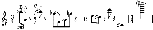 \relative c'' { \set Staff.midiInstrument = #"violin" \set Score.tempoHideNote = ##t \tempo 4 = 135 \time 3/4 \override TupletBracket #'stencil = ##f \override Score.BarNumber #'stencil = ##f \key c \major bes'8\mp^"B"\( a,^"A"\) r8 \autoBeamOff c^ "C"\( b'^"H"\) \autoBeamOn r| ges\( f,\) as g'\staccato r4 \time 4/4 e8 dis r8 d' r4 cis,,| \time 3/4 c'''?2. }