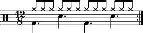 \new Staff <<        \new voice \relative c' {            \clef percussion            \numericTimeSignature            \time 12/8            \set Score.tempoHideNote = ##t \tempo 4. = 80            \stemDown \repeat volta 2 { g4. d' g, d' }        }        \new voice \relative c'' {            \override NoteHead.style = #'cross            \stemUp \repeat volta 2 { a8 a a a a a a a a a a a }        }    >>