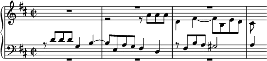 \language "english" { << \new PianoStaff << \new Staff = "RH" \relative c'' {\key d \major \time 2/2 R1 | << {R1} \\ {r2 r8 a a a} >> | << {R1} \\ {d,4 fs~ fs8 b, e d} >> | << {s4} \\ {cs8} >> } \new Staff = "LH" \relative c {\key d \major \clef bass \time 2/2 << {r8 d' d d g,4 b~} \\ {R1} >> | << {b8 e, a g fs4 d} \\ {R1} >> | << {r8 fs b a gs2} \\ {R1} >> | << {a4} \\ {s4} >>} >> >> }