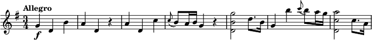  \relative c'' {   \tempo "Allegro"   \key g \major   \time 3/4   g4\f d b' |   a4 d, r |   a'4 d, c' |   \appoggiatura c8 b a16 b g4 r |   <g' b, d,>2 d8. b16 |   g4 b' \appoggiatura c8 b a16 g |   <a c, d,>2 c,8. a16 | } 