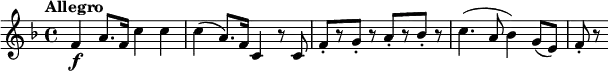  \relative c' {   \key f \major   \tempo "Allegro"   f4\f a8. f16 c'4 c |   c4( a8.) f16 c4 r8 c |   f8-.[ r g-.] r a-.[ r bes-.] r |   c4.( a8 bes4) g8( e) |   f8-. r } 
