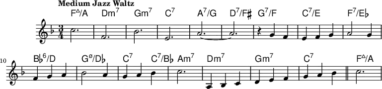  \version "2.22.0"  \header { tagline = "" }  global = {   \time 3/4   \key f \major   \set Score.tempoHideNote = ##t   \tempo "Medium Jazz Waltz" 4=160   \set chordChanges = ##t }  chordNames = \transpose c c, \chordmode {   \global   f'2.:maj7/a |   d:m7 |   g:m7 |   c:7 |   a:7/g |   d':7/fis |   g:7/f |   c':7/e |   f:7/es |   bes:6/d |   g:m7.5-/des |   c2:7 c4:7/bes |   a,2.:m7 |   d:m7 |   g:m7 |   c:7 |   f':maj7/a }  melody = \relative c'' {   c2. |   f, |   bes |   e, |   a~ |   a |   r4 g f |   e f g |   a2 g4 |   f g a |   bes2 a4 |   g a bes |   c2. |   a,4 bes c |   d e f |   g a bes |   \bar "||"   c2. | }  \score {   <<     \new ChordNames \chordNames     \new Staff {       \global       \melody     }   >>   \layout { } }  \score {   \unfoldRepeats   <<     \new ChordNames \chordNames     \new Staff {       \global       \melody     }   >>   \midi { } } 