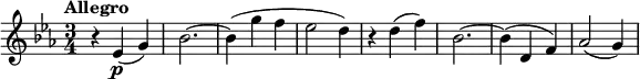  \version "2.14.2"  \relative c' {          \clef "treble"           \tempo "Allegro"          \key ees \major          \time 3/4           \tempo 4 = 144       r4 ees4\p (g)       bes2. ~       bes4 (g' f       ees2 d4)       r4 d4 (f)       bes,2. ~       bes4 (d, f)       aes2 (g4) } 