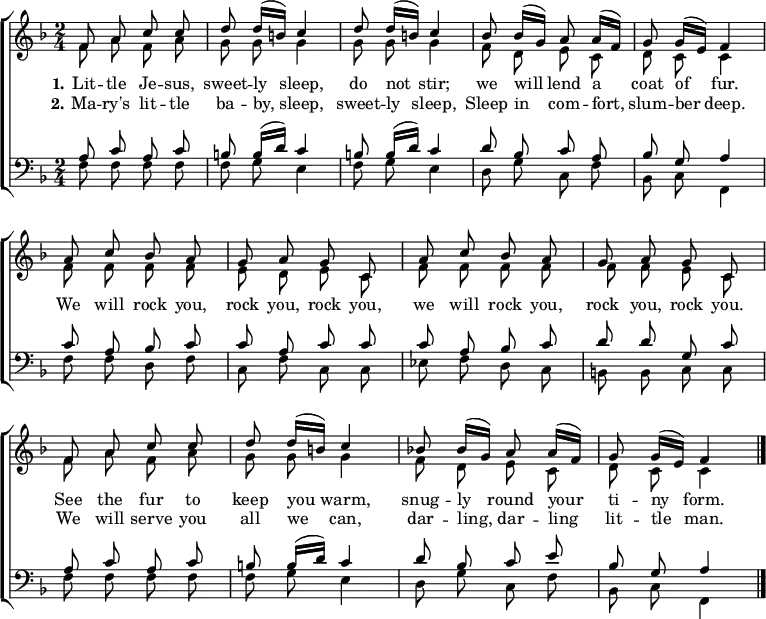  \header { tagline = ##f } \layout { indent = 0 \set Score.tempoHideNote = ##t   \context { \Score \remove "Bar_number_engraver" }   \context { \Voice \remove "Dynamic_engraver" } }  global = { \key f \major \time 2/4 \autoBeamOff }  soprano = \relative c' { \global \set Staff.midiPanPosition = -0.5 \set midiInstrument = "recorder"   f8\mf a c c | d d16 ([b]) c4 | d8\pp d16 ([b]) c4 |   bes8\mf bes16 ([g]) a8 a16 ([f]) | g8 g16 ([e]) f4 |   a8 c bes a | g a g c, |   a'\pp c bes a | g a g c, |   f8\mf a c c | d d16 ([b]) c4 |   bes!8\pp bes16 ([g]) a8 \tempo 4 = 36 a16 ([f]) | g8 g16 ([e]) f4 \bar "|." }  alto = \relative c' { \global \set Staff.midiPanPosition = 0.5 \set midiInstrument = "flute"   f8\mf a f a | g g g4 | g8\pp g g4 |   f8\mf d e c | d c c4 |   f8 f f f | e d e c |   f\pp f f f | f f e c |   f8\mf a f a | g g g4 |   f8\pp d e c | d c c4 \bar "|." }  tenor = \relative c' { \global \set Staff.midiPanPosition = -1 \set midiInstrument = "oboe"   a8\mf c a c | b b16 ([d]) c4 | b!8\pp b16 ([d]) c4 |   d8\mf bes c a | bes g a4 |   c8 a bes c | c a c c |   c\pp a bes c | d d g, c |   a8\mf c a c | b b16 ([d]) c4 |   d8\pp bes c e | bes g a4 \bar "|." }  bass = \relative c { \global \set Staff.midiPanPosition = 1 \set midiInstrument = "bassoon"   f8 f f f | f g e4 | f8 g e4 |   d8 g c, f | bes, c f,4 |   f'8 f d f | c f c c |   es f d c | b b c c |   f8 f f f | f g e4 |   d8 g c, f | bes, c f,4 \bar "|." }  verseOne = \lyricmode { \set stanza = "1."   Lit -- tle Je -- sus, sweet -- ly sleep, do not stir;   we will lend a coat of fur.   We will rock you, rock you, rock you,   we will rock you, rock you, rock you.   See the fur to keep you warm,   snug -- ly round your ti -- ny form. } verseTwo = \lyricmode { \set stanza = "2."   Ma -- ry's lit -- tle ba -- by, sleep, sweet -- ly sleep,   Sleep in com -- fort, slum -- ber deep.   \repeat unfold 16 { \skip 1 }   We will serve you all we can,   dar -- ling, dar -- ling lit -- tle man. }  \score {   \new ChoirStaff <<     \new Staff     <<       \new Voice = "soprano" { \voiceOne \soprano }       \new Voice = "alto"    { \voiceTwo \alto }     >>     \new Lyrics \lyricsto "soprano" \verseOne     \new Lyrics \lyricsto "soprano" \verseTwo     \new Staff     <<       \clef bass       \new Voice = "tenor" { \voiceOne \tenor }       \new Voice = "bass"  { \voiceTwo \bass }     >>   >>   \layout { } } \score { << \soprano \\ \alto \\ \tenor \\ \bass >>   \midi {     \tempo 4=42     \context { \Score midiChannelMapping = #'instrument }     \context { \Staff \remove "Staff_performer" }     \context { \Voice \consists "Staff_performer" }   } } 