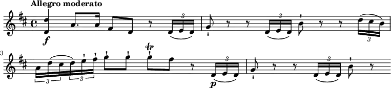  \relative c' { \key d \major \time 4/4 \tempo "Allegro moderato" \tempo 4 = 70 <d d'>4\f a'8. a16 fis8 d r8 \tuplet 3/2 {d16 (e d)} g8-! r8 r8 \tuplet 3/2 {d16 (e d)} b'8-! r8 r8 \tuplet 3/2 {d16 (cis b)} \tuplet 3/2 {a16 d (cis} \tuplet 3/2 {d) e-! fis-!} g8-! g-! g-! \trill fis r8 \tuplet 3/2 {d,16\p (e d)} g8-! r8 r8 \tuplet 3/2 {d16 (e d)} b'8-! r8 } 