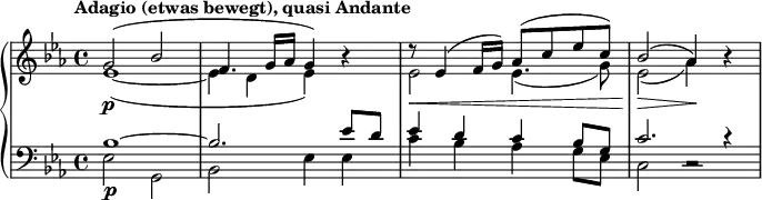 \relative c'' { \new PianoStaff << \new Staff << \new Voice { \set Score.tempoHideNote = ##t \tempo "Adagio (etwas bewegt), quasi Andante" 4 = 45 } { \clef "treble" \key es \major \stemUp \set Staff.midiInstrument = #"string ensemble 1" \time 4/4 | % 1 g2 \p ^( bes2 | f4. g16 as16 g4 ) s4 | r8 \< es4 ^( f16 g16 ) as8 ^( c8 es8 c8 ) | bes2 \! \> ^( as4 \! ) s4 | } { \clef "treble" \key es \major \stemDown \time 4/4 | es1 _( _~ | es4 d4 es4 ) r4 | es2 \! es4. _( g8 ) | es2 \! _( as4 ) r4 | } >> \new Staff << \new Voice { \set Staff.midiInstrument = #"string ensemble 1" { \clef "bass" \key es \major \stemUp \time 4/4 bes,1 \p ^~ | bes2. es8 d8 | es4 d4 c4 bes8 g8 | c2. c4\rest | }} \new Voice { \clef "bass" \key es \major \stemDown \time 4/4 es,2 g,2 | bes2 es4 es4 | c'4 bes4 as4 g8 es8 | c2 c2\rest | } >> >> }