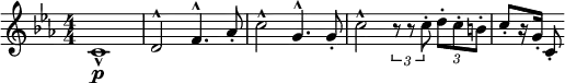    \relative c' { \clef treble \numericTimeSignature \time 4/4 \key c \minor    c1-^\p | d2^^ f4.^^ aes8-. | c2^^ g4.^^ g8-. | c2^^ \times 2/3 { r8 r8 c-. } \times 2/3 { d-. c-. b-. } | c8-.[ r16 g-.] c,8-. } 