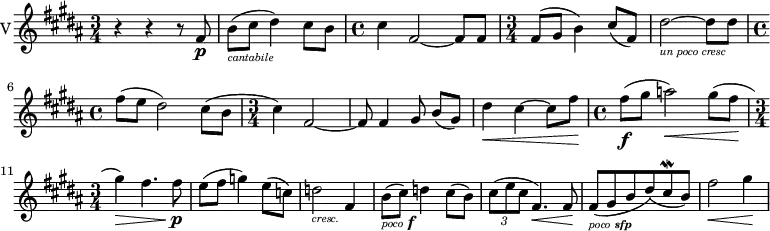   { \new PianoStaff    << \new Staff  \with { instrumentName="V"}   \relative c' {    \set Score.tempoHideNote = ##t  \tempo 2 = 30   \set Staff.midiInstrument = #"string ensemble 1"    \set Staff.midiMinimumVolume = 0.2   \set Staff.midiMaximumVolume = 0.7   \key b  \major   \clef treble   \time 3/4 r4 r r8 fis8\p |   b_\markup {\italic \teeny "cantabile" }\=1( cis dis4\=1) cis8 b |   \time 4/4 cis4 fis,2~ fis8 fis |   \time 3/4 fis\=1( gis b4\=1) cis8\=2( fis,8\=2) |   dis'2_\markup {\italic \teeny "un poco cresc"}~dis8 dis8 |   \time 4/4 fis\=1( e dis2\=1) cis8\=2( b |   \time 3/4 cis4\=2) fis,2~ |   fis8 fis4 gis8 b[\=1( gis]\=1) |   dis'4\< cis~ cis8 fis\! |   \time 4/4 fis\f\=1( gis a2\=1)\< gis8\=1( fis\! |   \time 3/4 gis4\=1)\> fis4. fis8\!\p |   e\=1( fis g4\=1) e8\=1( c\=1) |   d2_\markup {\italic \teeny "cresc." } fis,4 |   b8_\markup {\italic \teeny "poco" \bold \italic f} ( cis) d4 cis8( b) |   \tuplet 3/2 {cis( e cis} fis,4.)\< fis8\! |   fis(_\markup {\italic \teeny "poco" \italic \teeny \bold sfp} gis b dis) (cis\mordent b) |   fis'2\< gis4\! | }   >> } 