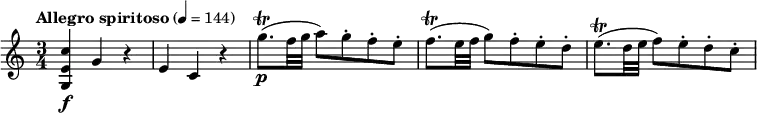  \relative c'' {   \override Score.NonMusicalPaperColumn #'line-break-permission = ##f   \tempo "Allegro spiritoso" 4=144   \time 3/4   <c e, g,>4\f g r |   e4 c r |   g''8.\trill\p( f32 g a8) g-. f-. e-. |   f8.\trill( e32 f g8) f-. e-. d-. |   e8.\trill( d32 e f8) e-. d-. c-. | } 