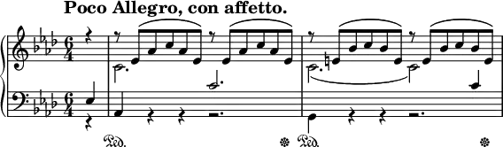  \header {   tagline = ##f }  tempoMark = {   \once \override Score.RehearsalMark #'self-alignment-X = #-1   \once \override Score.RehearsalMark #'break-align-symbols = #'(time-signature key-signature)   \once \override Staff.TimeSignature #'break-align-anchor-alignment = #-1   \mark \markup \bold "Poco Allegro, con affetto." }  global = {   \tempoMark   \key as \major   \time 6/4   \partial 4 }  \parallelMusic #'(voiceA voiceB voiceC voiceD) {   % Anacrusis   r4   |   s4   |   ees4 |   r4   |      % Bar 1   r8 ees [\( aes c aes ees\)] r ees [\( aes c aes ees\)] |   c2.                         s                          |   aes,4      s     s          c'2.                       |   s4         r     r          r2.                        |      % Bar 2   r8 e   [\( bes' c bes e,  \)] r e   [\( bes' c bes e,  \)] |   c2.                       ( c2  )              s4          |   s2.                         s2                 c4          |   g4         r     r          r2.                            | }  right = {   \global   <<     \relative c' \voiceA     \\     \relative c' \voiceB   >> }  left = {   \global   <<     \relative c \voiceC     \\     \relative c \voiceD     \new Dynamics {       s4 | \repeat unfold 2 { s4\sustainOn s1 s8 s8\sustainOff | }     }   >> }  \score {   \new PianoStaff <<     \new Staff = "right" \with {       midiInstrument = "acoustic grand"     } \right     \new Staff = "left" \with {       midiInstrument = "acoustic grand"     } { \clef bass \left }   >>   \layout { }   \midi {     \context {       \Score       tempoWholesPerMinute = #(ly:make-moment 100 4)     }   } } 