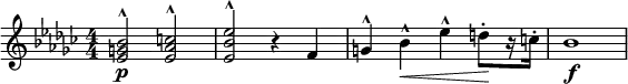    \relative c'' { \clef treble \numericTimeSignature \time 4/4 \key ees \minor    <bes g ees>2^^\p <c aes ees>^^ | <ees bes ees,>^^ r4 f, | g^^ bes^^\< ees^^ d8[\!-. r16 c-.] | bes1\f } 
