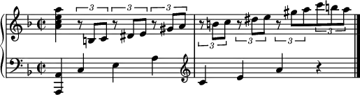 \new GrandStaff << \new Staff \relative c'' { \time 2/2 \key f \major <a c e a>4 \times 2/3 { r8 b, c } \times 2/3 { r dis e } \times 2/3 { r gis a } | \times 2/3 { r8 b c } \times 2/3 { r dis e } \times 2/3 { r gis a } \times 2/3 { c b a } | } \new Staff \relative c { \clef "bass" \key f \major <a a,>4 c e a | \clef "treble" c4 e a r | \bar "|." } >>