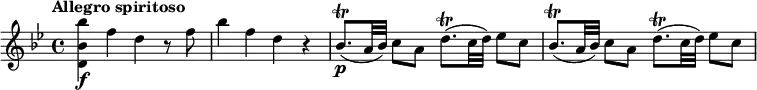  \relative c''' {   \override Score.NonMusicalPaperColumn #'line-break-permission = ##f   \tempo "Allegro spiritoso"   \key bes \major   <bes bes, d,>4\f f d r8 f |   bes4 f d r |   bes8.\trill\p( a32 bes) c8 a d8.\trill( c32 d) es8 c |   bes8.\trill( a32 bes) c8 a d8.\trill( c32 d) es8 c | } 